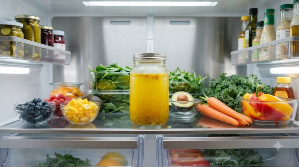 A clear glass jar filled with the vibrant yellow turmeric and ginger drink placed in a refrigerator alongside fresh frui