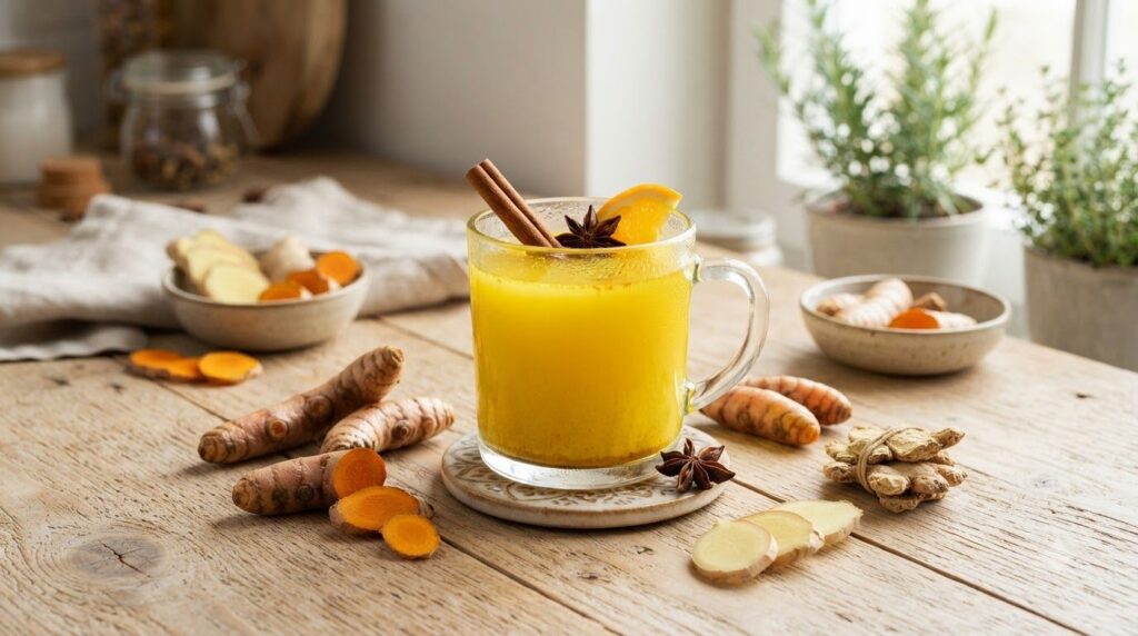 A vibrant yellow turmeric and ginger drink in a clear glass mug with fresh turmeric roots and ginger slices on a wooden 