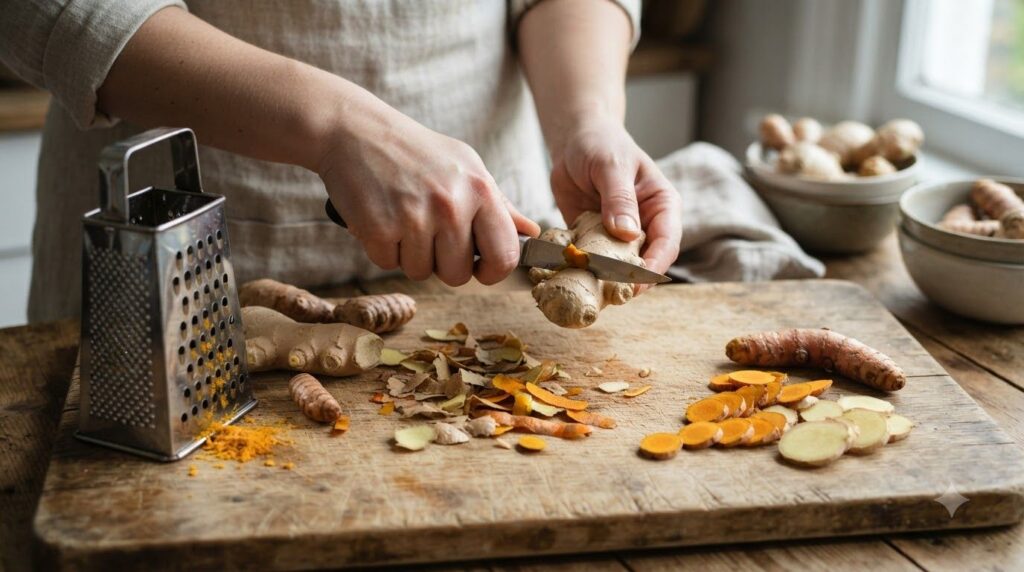 A close-up of fresh ginger and turmeric roots being peeled and sliced on a wooden cutting board with a knife and a grate