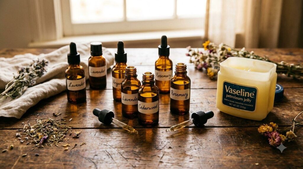 Various essential oil bottles and a small jar of Vaseline on a wooden surface ready for mixing