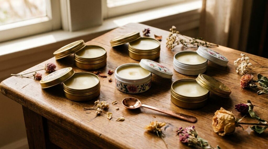 Several small decorative tins of finished solid perfume balm neatly arranged on a wooden surface with a soft glow