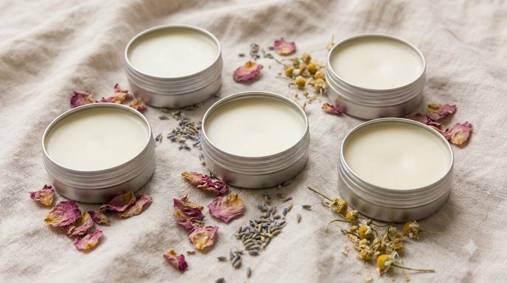 Several small round metal tins filled with solid perfume balm some open to show the smooth surface arranged neatly on a
