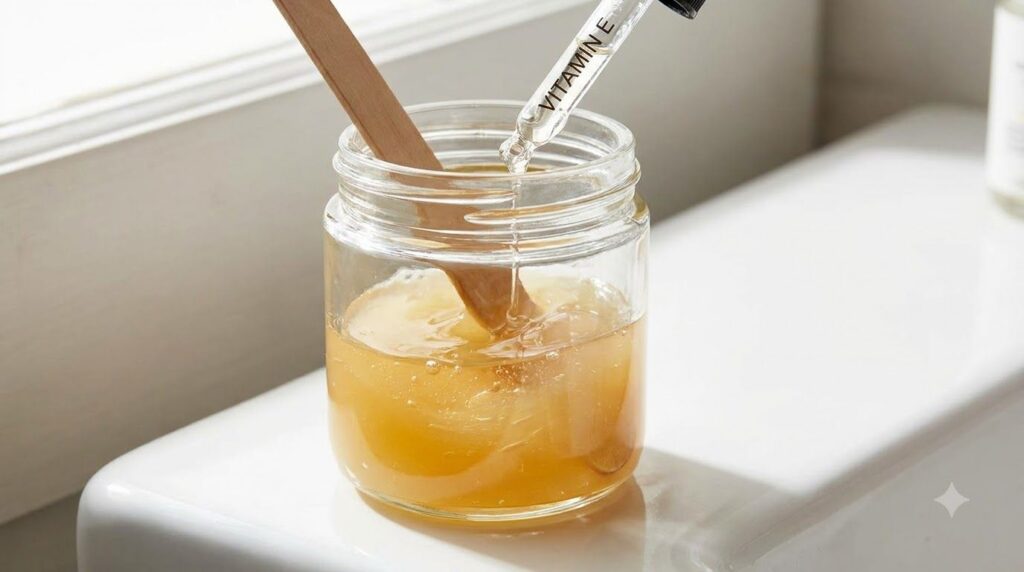 A small glass jar containing Vaseline being mixed with liquid Vitamin E with a clean mixing stick The texture is smooth 