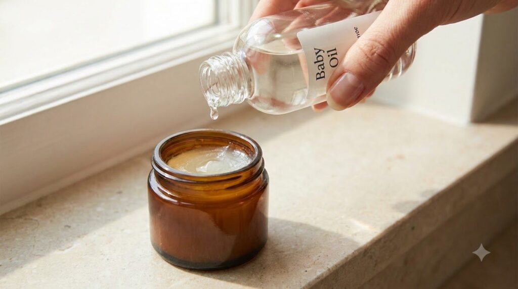 A small open jar of Vaseline with a few drops of baby oil being added from a bottle creating a shimmering effect