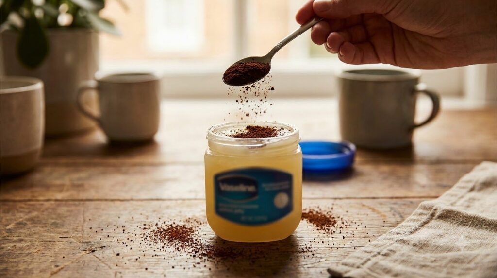 A small open jar of Vaseline with a sprinkle of fine coffee powder on top ready to be mixed