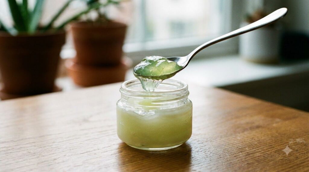 A small open jar of Vaseline with a dollop of clear aloe vera gel being added by a spoon