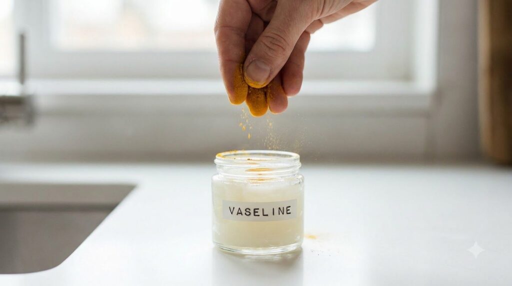 A small open jar of Vaseline with a pinch of yellow turmeric powder being sprinkled over it