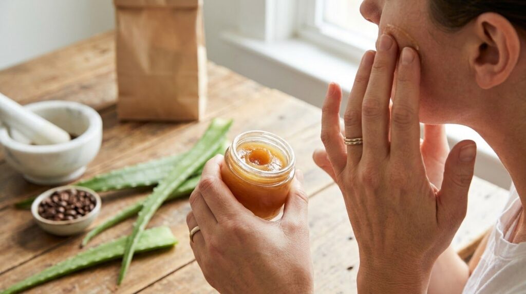 A person s hands gently applying a DIY Vaseline mix to their face with other natural ingredients blurred in the backgrou