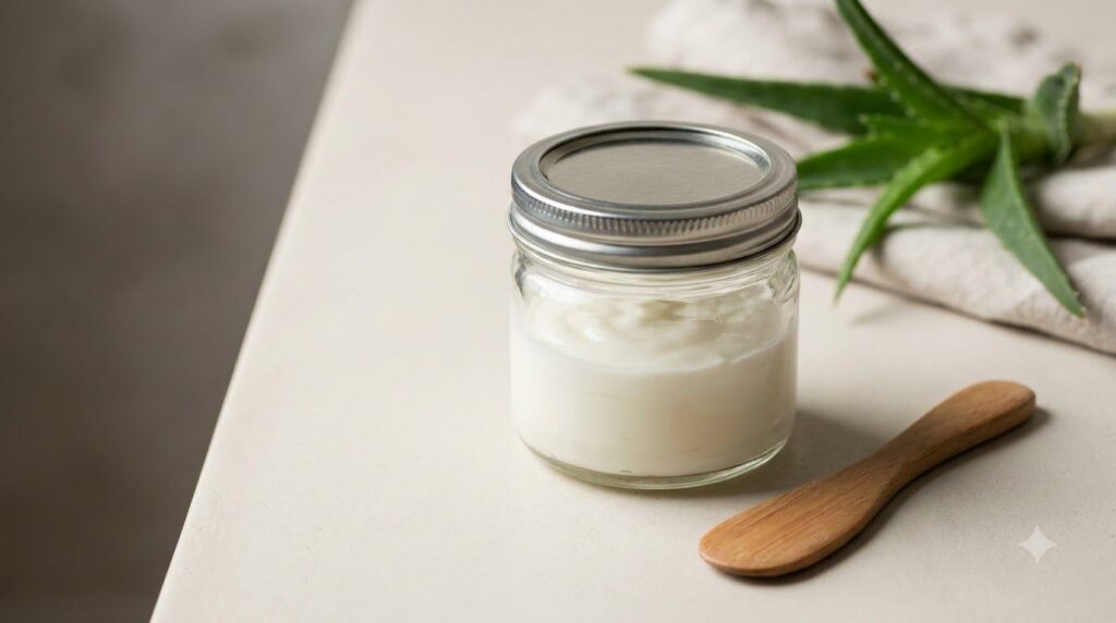 A small clear glass jar filled with the freshly mixed DIY aloe cream a clean spatula resting beside it on a smooth light