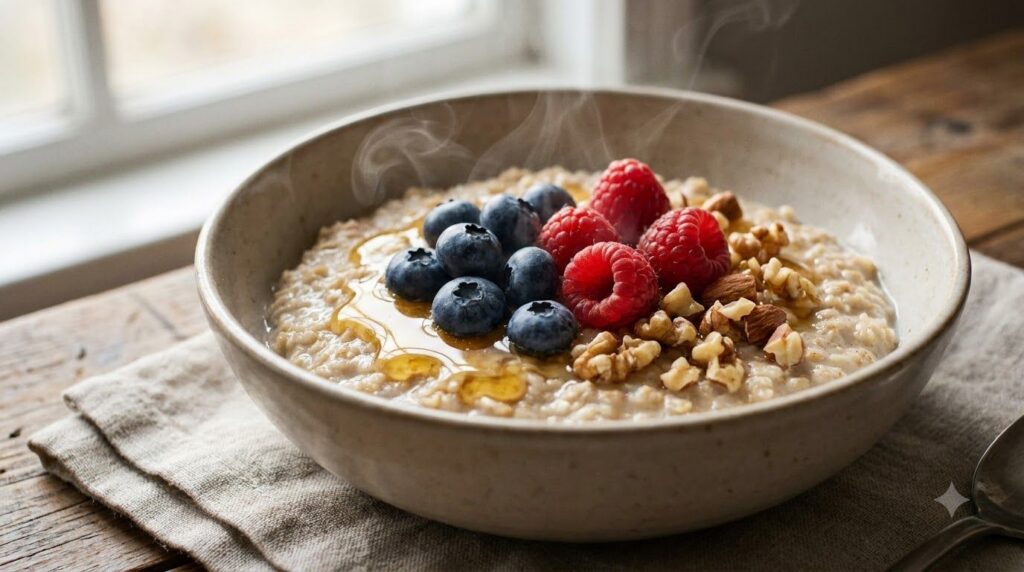 A close-up shot of a bowl of oatmeal topped with fresh berries a drizzle of honey and some chopped nuts steaming gently 
