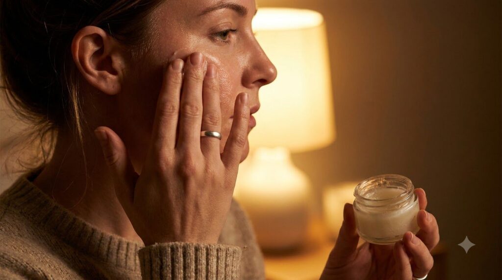 A close-up of a hand gently applying the Vaseline and Vitamin E mixture to clean facial skin at night