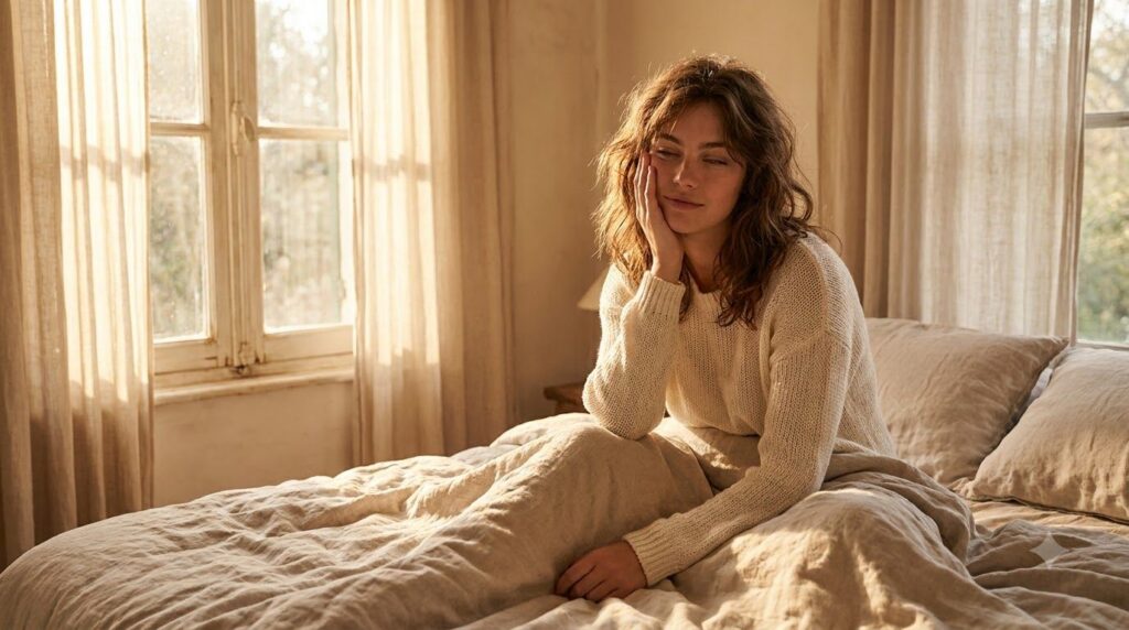 A woman waking up in the morning gently touching her glowing soft-looking face with natural light coming through a windo