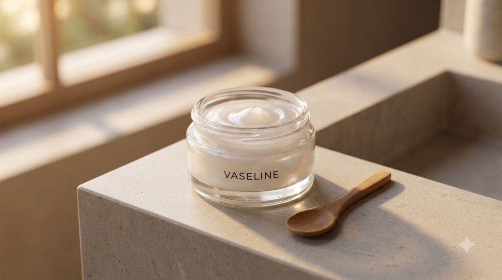 A close-up of a small glass jar containing the freshly mixed Vaseline overnight glow gel with a smooth glossy texture pl
