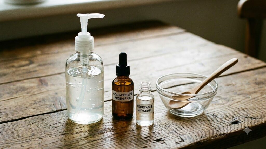 The three ingredients a bottle of aloe vera gel a small bottle of rosehip oil and a small bottle of vegetable glycerin l
