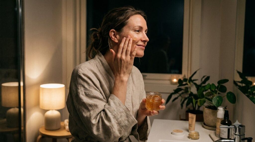 A woman gently applying the homemade night gel to her face at night looking fresh and relaxed in a bathroom setting