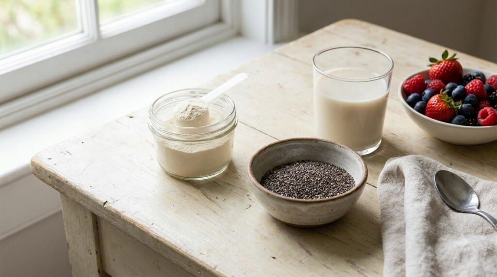 Ingredients for a collagen chia drink laid out collagen powder chia seeds a glass of plant milk and fresh berries