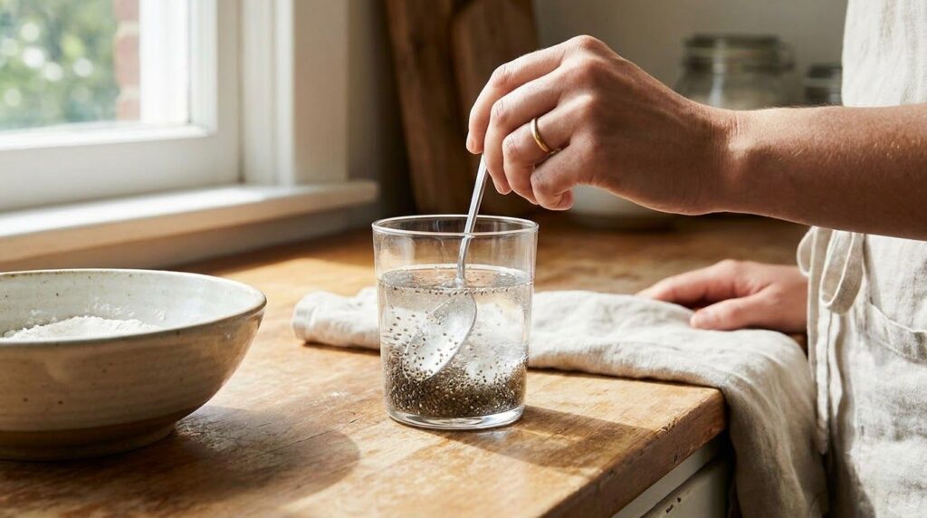 A person gently stirring a glass of chia seed drink with a spoon to mix in collagen powder