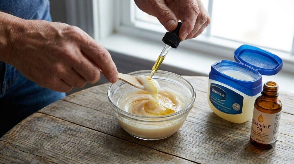 Close-up of hands mixing Vaseline and Vitamin E oil in a small bowl with a mini spatula showing the smooth creamy textur