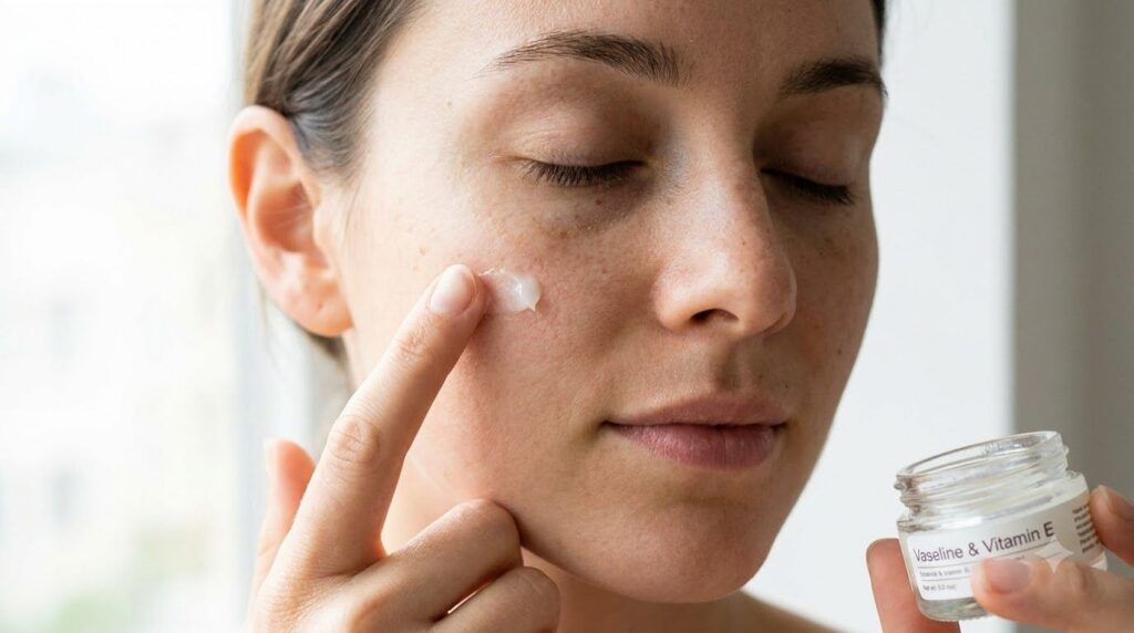 A woman gently dabbing a small amount of the Vaseline and Vitamin E blend onto a specific spot on her cheek with her fin