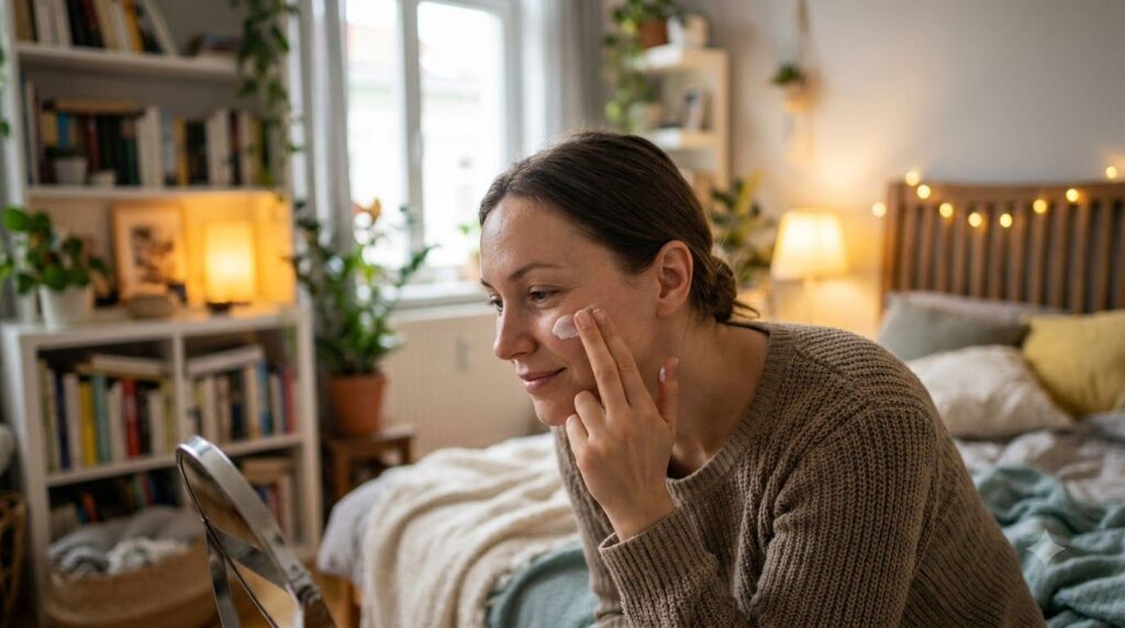 A woman gently applying a small amount of cream to her cheek before bed