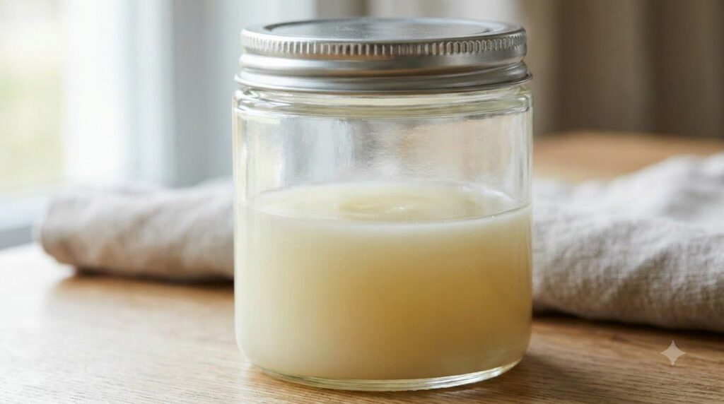 A small clean glass jar filled with a mixed Vaseline and Vitamin E blend