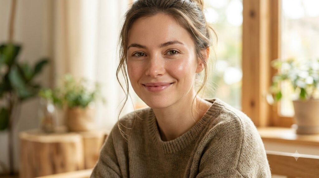 A woman with glowing clear youthful skin smiling softly with a healthy natural complexion