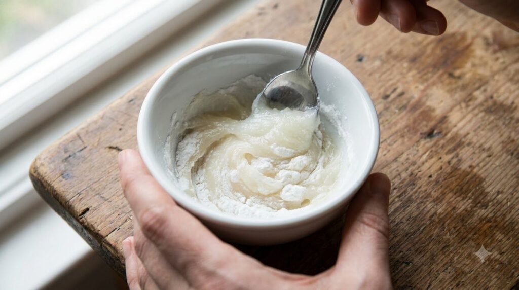 Close-up of a small bowl with Vaseline and baking soda being mixed with a spoon on a wooden surface with a soft natural 
