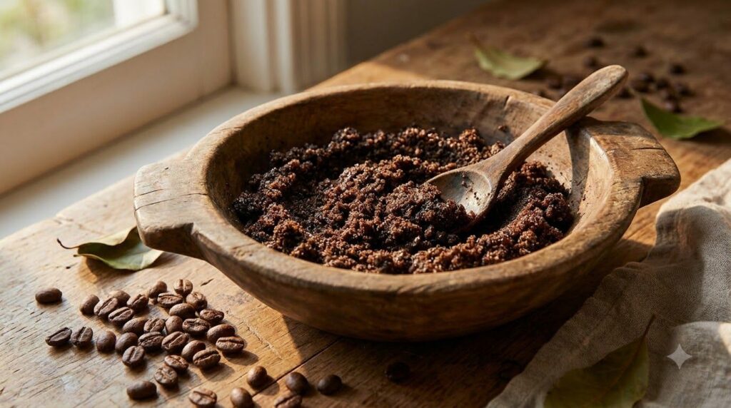 A bowl with a coffee scrub mixed with Vaseline a small spoon and scattered coffee beans on a rustic wooden surface