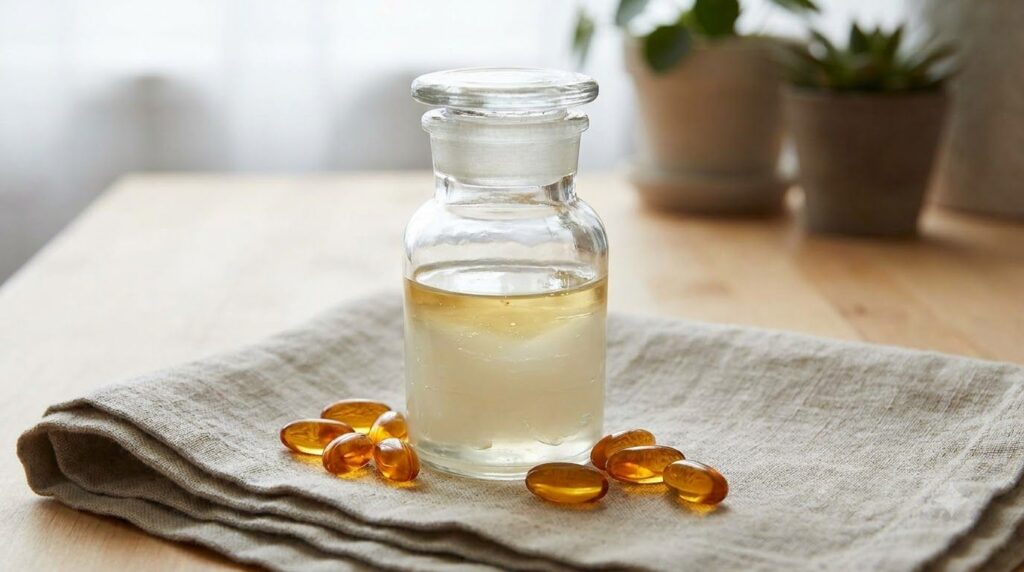 A small jar of Vaseline mixed with clear Vitamin E oil with several Vitamin E capsules scattered nearby on a soft textur