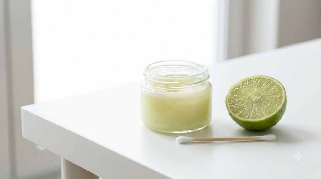 A small container with a Vaseline and lime mixture a sliced lime and a cotton swab on a white background