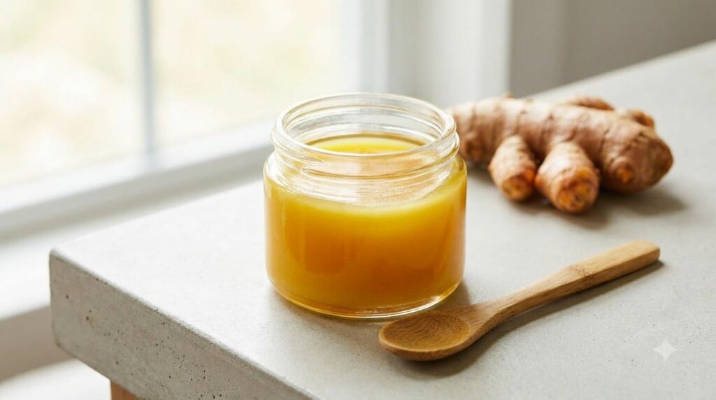 A small glass jar with a golden turmeric and Vaseline paste a spoon and fresh turmeric root on a clean light surface