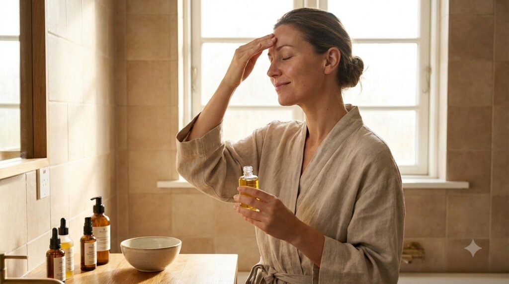 A woman gently massaging the turmeric and baby oil mixture onto her face focusing on areas with fine lines with a soft n