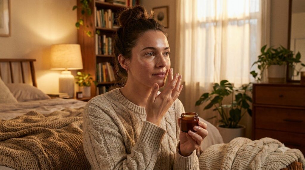 A woman gently applying a small amount of the DIY glass skin balm to her clean face before bed showing a smooth radiant 