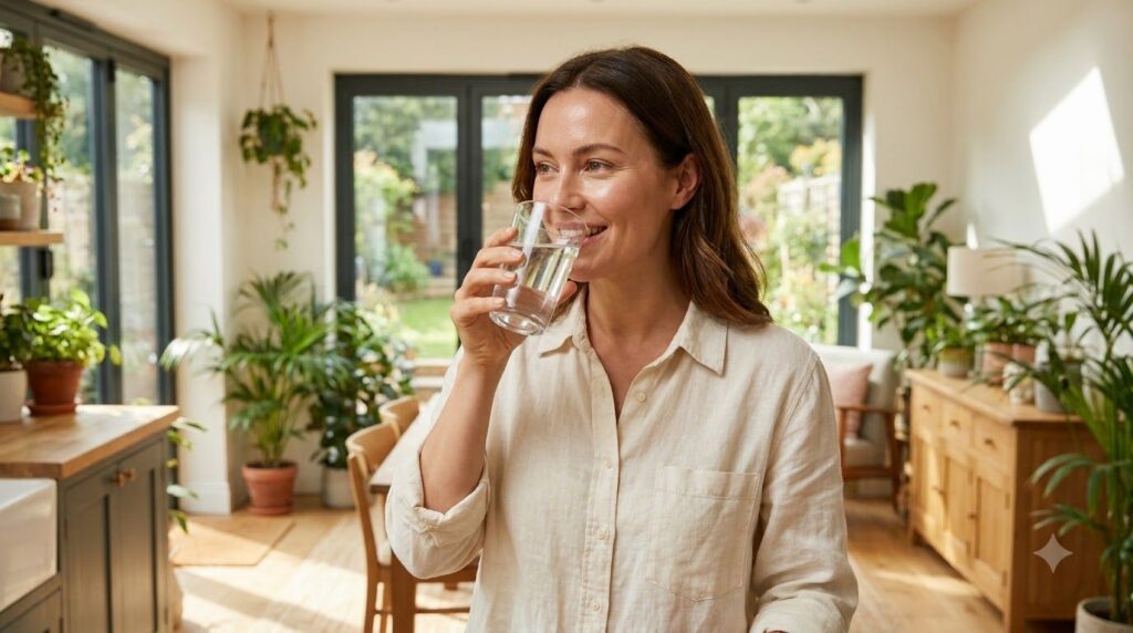 A woman drinking a glass of water illustrating the importance of hydration for skin