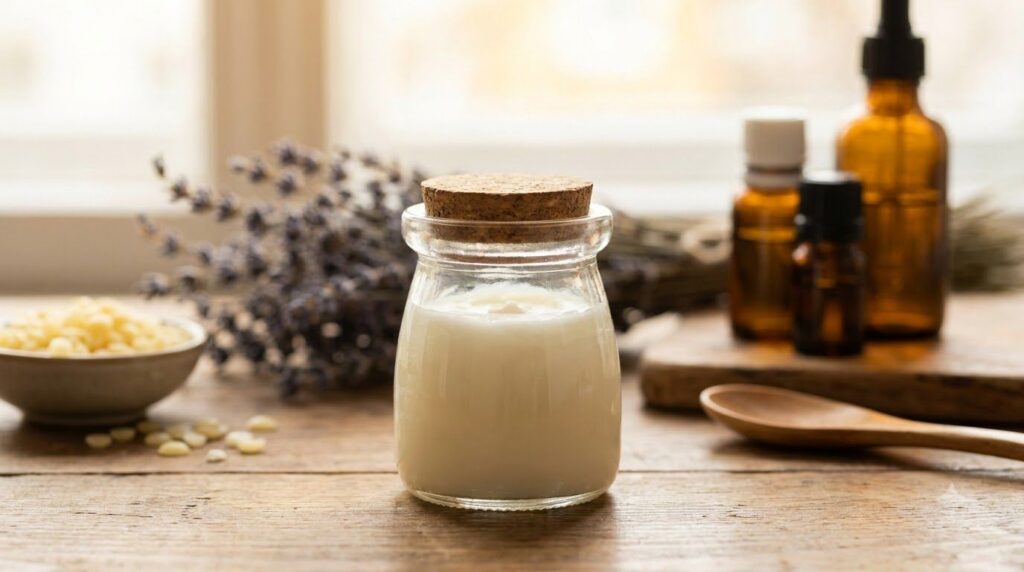 A small clean airtight jar containing a freshly mixed homemade anti-aging balm with a blurred background of beauty ingre