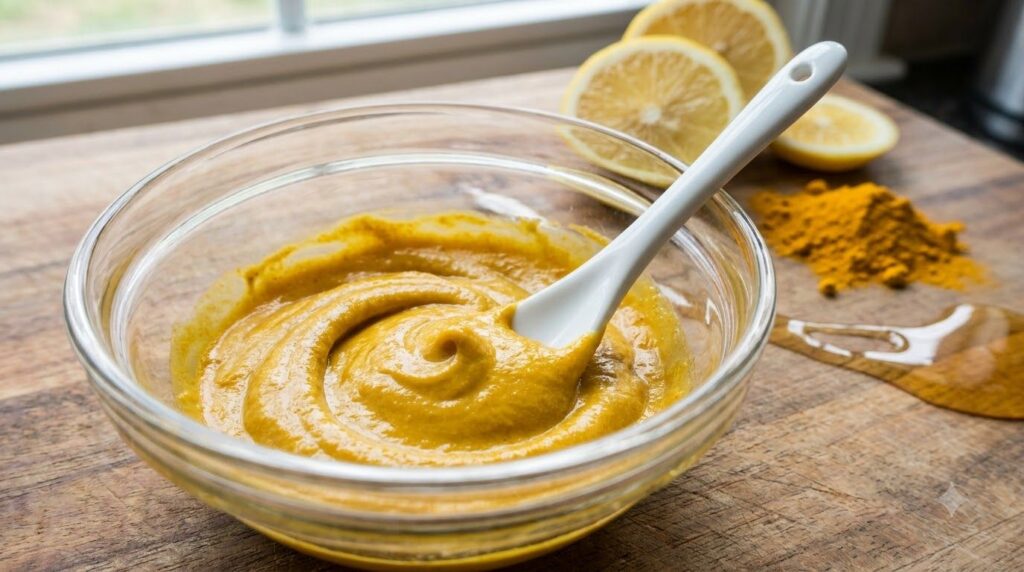 A close-up of a glass bowl containing a creamy golden DIY mask mixture with a spatula resting in it Ingredients like lem