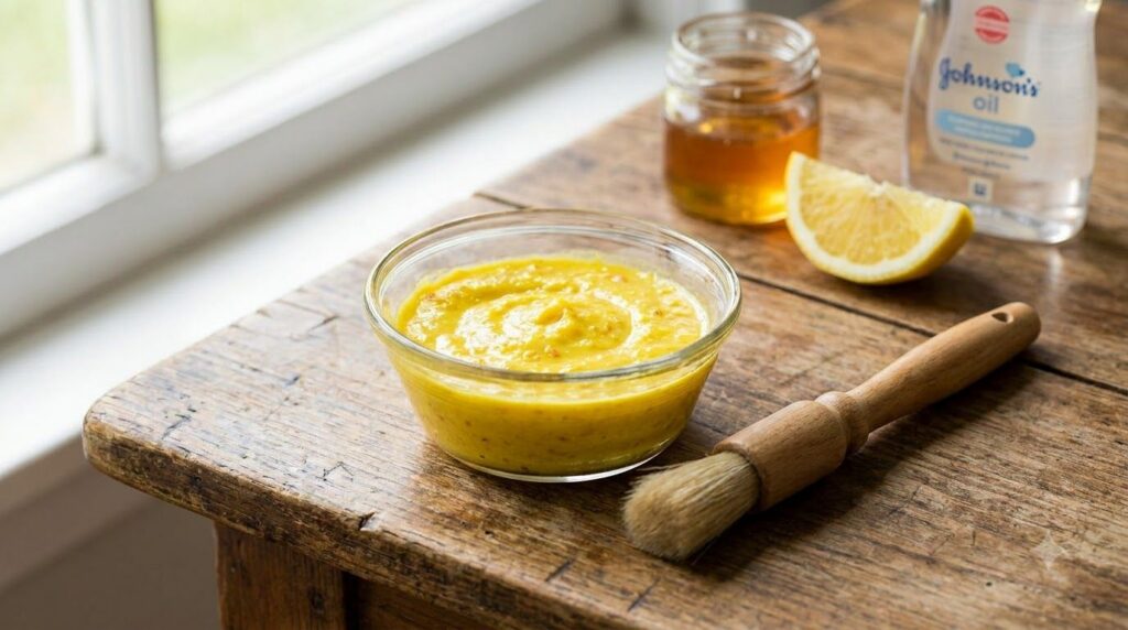 A small glass bowl containing a yellow creamy DIY face mask with a clean applicator brush next to it on a natural wooden