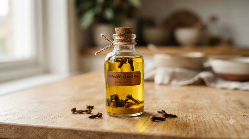 A small clear bottle filled with a golden-yellow oil infused with whole cloves and fine turmeric sediment resting on a w