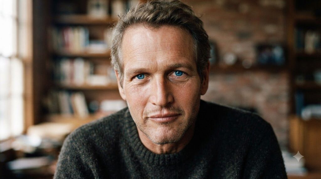 A close-up portrait of Paul Newman highlighting his striking blue eyes