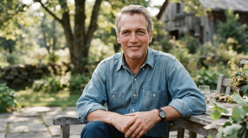 Paul Newman in a classic candid moment perhaps reflecting his philanthropic side or a less formal setting