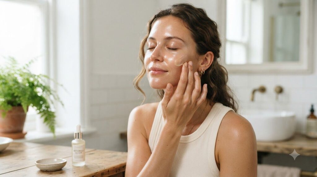 A woman gently applying a small amount of a natural serum or cream to her face with her fingertips her eyes closed in a 