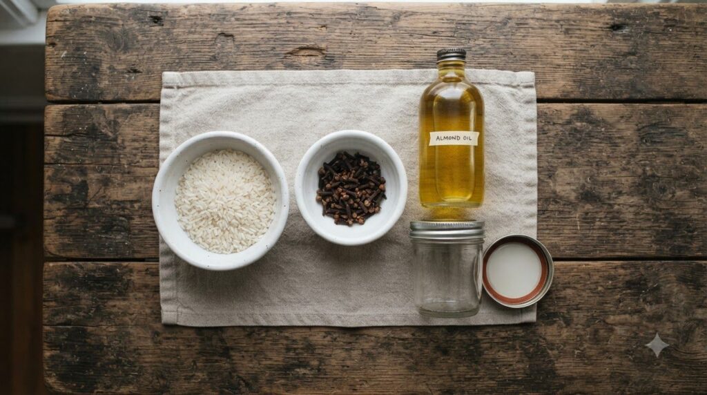 All the ingredients for the DIY collagen cream laid out on a wooden surface uncooked white rice in a small bowl whole cl