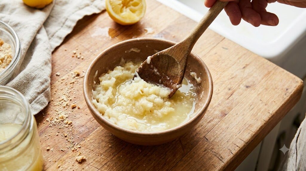 A small bowl containing a mixture of grated potato pulp and lemon juice being stirred with a spoon highlighting the prep