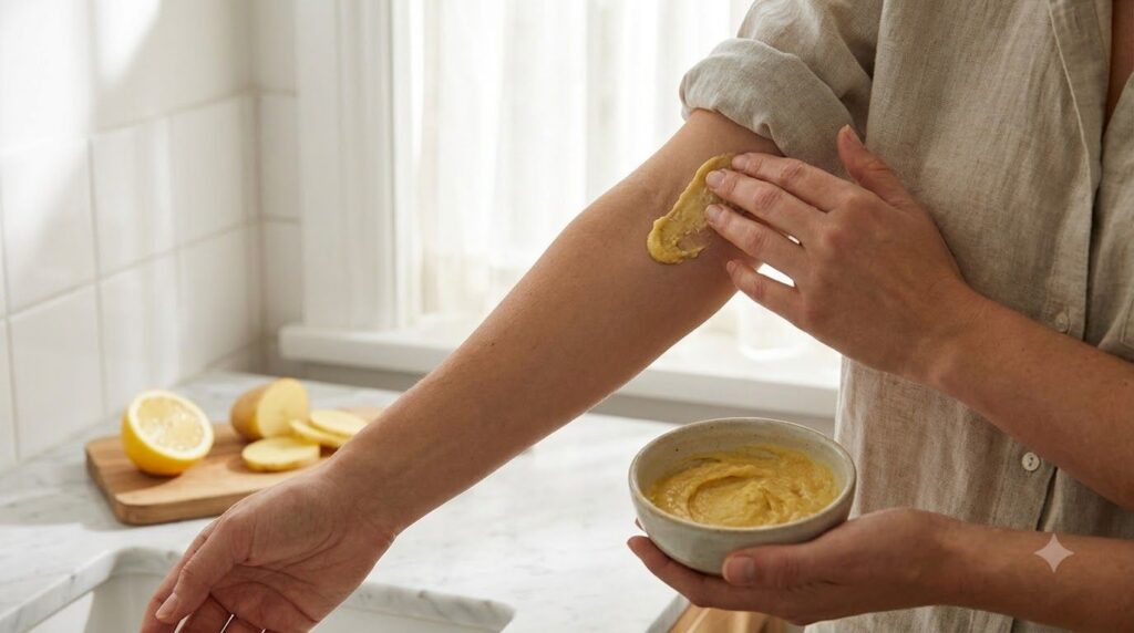 A person s arm gently applying the homemade potato and lemon paste to their underarm area demonstrating the application 