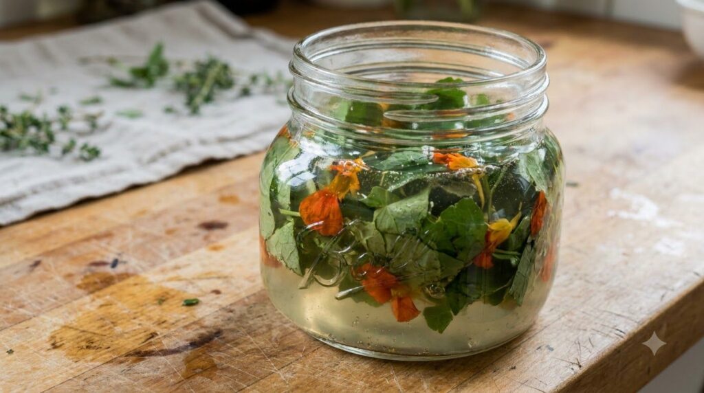 A glass jar filled with green nasturtium leaves and orange flowers covered with clear vinegar placed on a kitchen counte