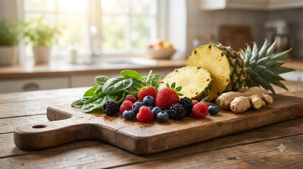 A variety of colorful fresh fruits and vegetables such as berries spinach pineapple and ginger arranged neatly on a wood