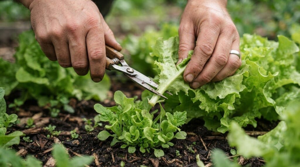 A close-up of a gardener s hands gently harvesting fresh green lettuce leaves with small shears showing new growth alrea