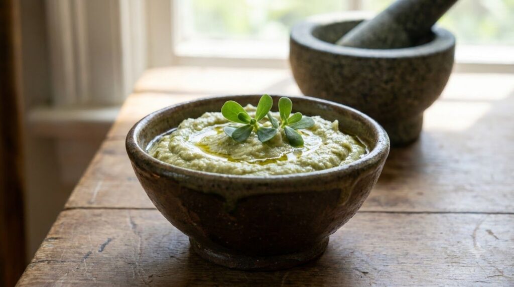 A smooth green paste made from purslane and garlic in a small bowl with a mortar and pestle in the background