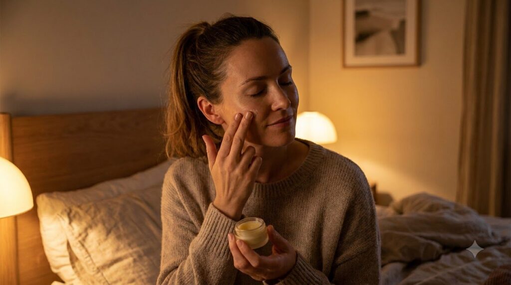 A woman gently applying a small amount of balm to her cheek at night with a soft blurred background of a cozy bedroom hi
