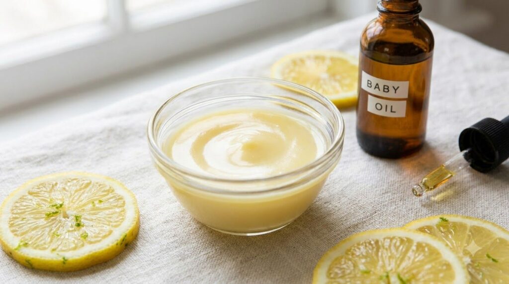 Small glass bowl containing a freshly mixed slightly yellowish balm with a smooth glossy texture surrounded by a few fre